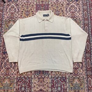 VTG‎ 90s Bill Blass Mens Beige Knit Polo Sweater Long Sleeve Striped XL Casual